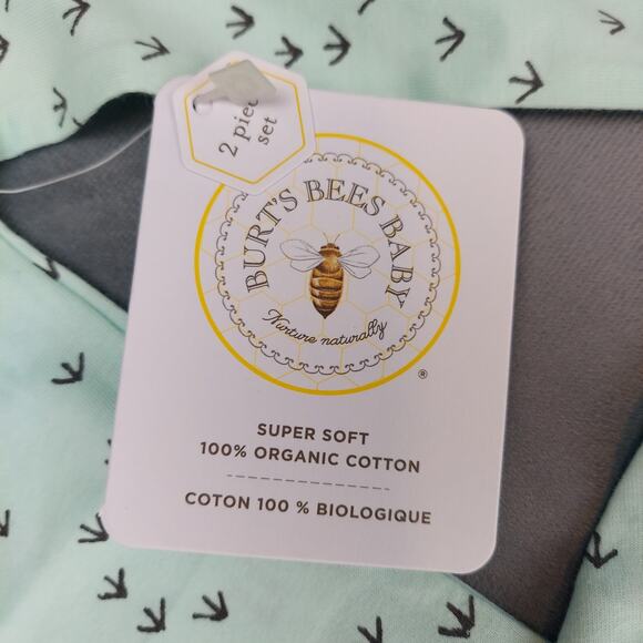 Burt's Bees One Piece Organic Cotton Romper With Hat Set Teal & Gray Size 6-9M - Picture 2 of 6